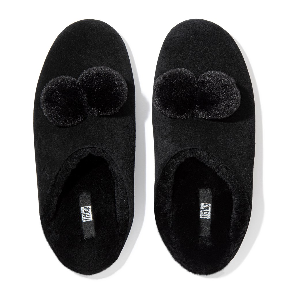 Fitflop Womens Slippers - Chrissie Pom-pom Shearling - Black - 981-RSOBTL